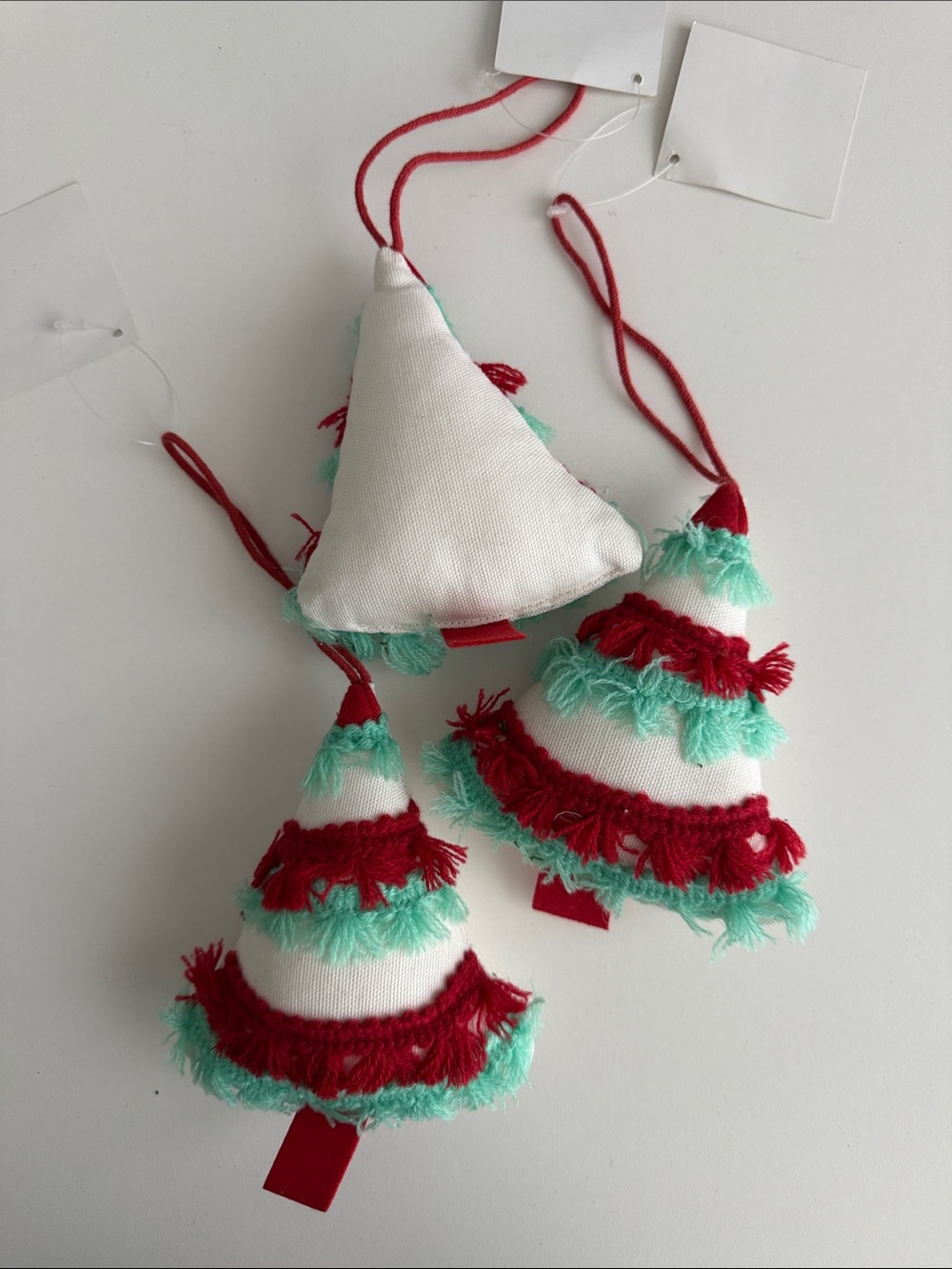 New - Christmas - Holiday Tree - Hanging Ornaments - Red - White - Mint Fringe